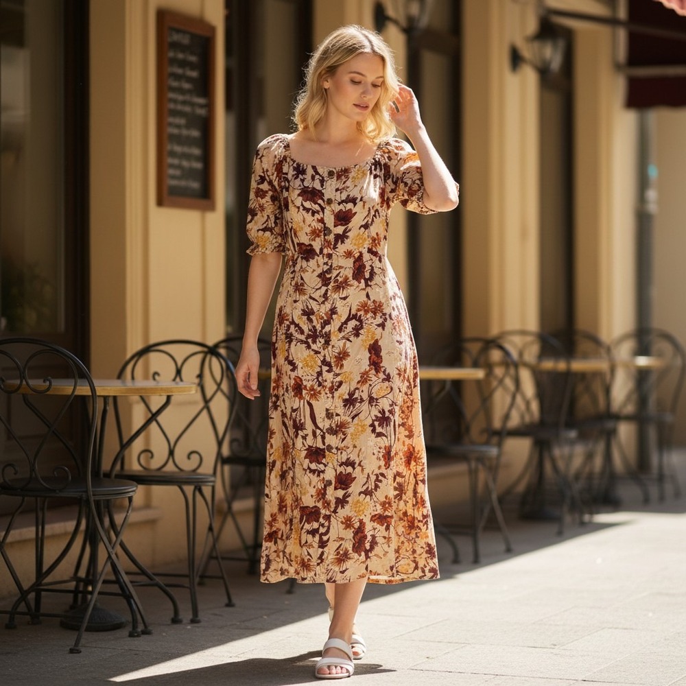 Indigo Rose Fall Floral Smocked Back Midi Dress Cream Burgundy Size M